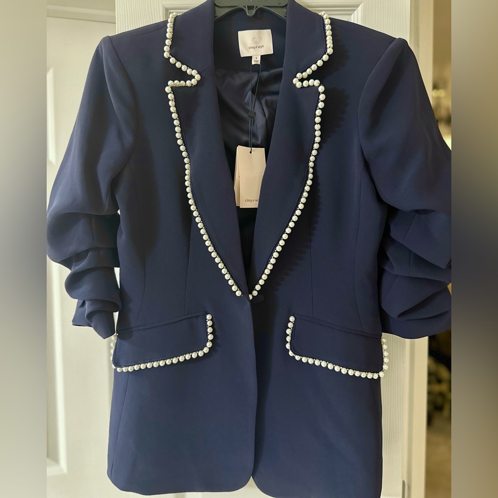 Brand NWT - Cinq a Sept designer blazer. Navy with pearls, sz 4 (true to size).